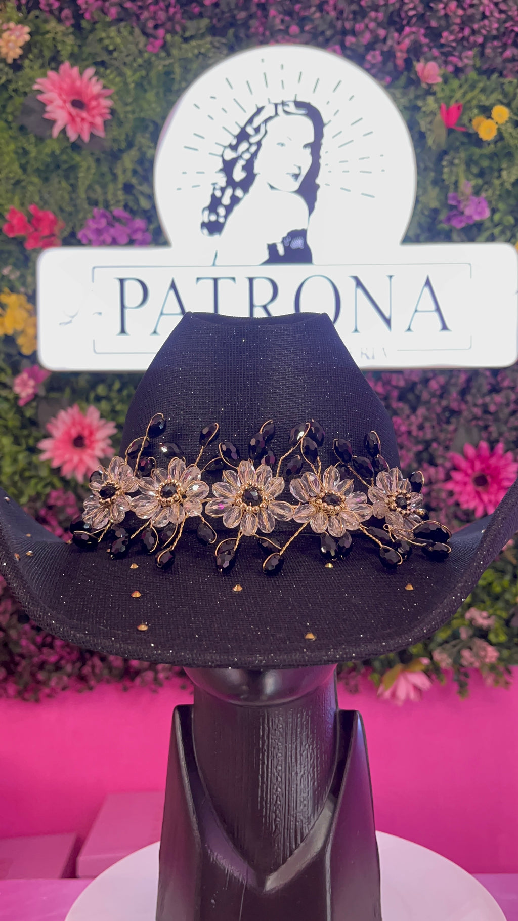 Sombrero negro glitter apliques flores