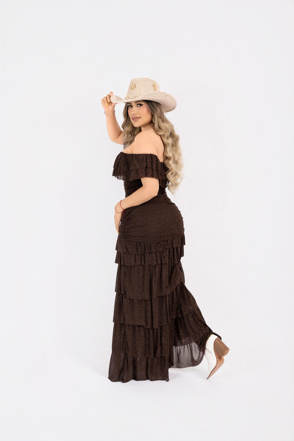 Vestido café glitter largo estilo campesina