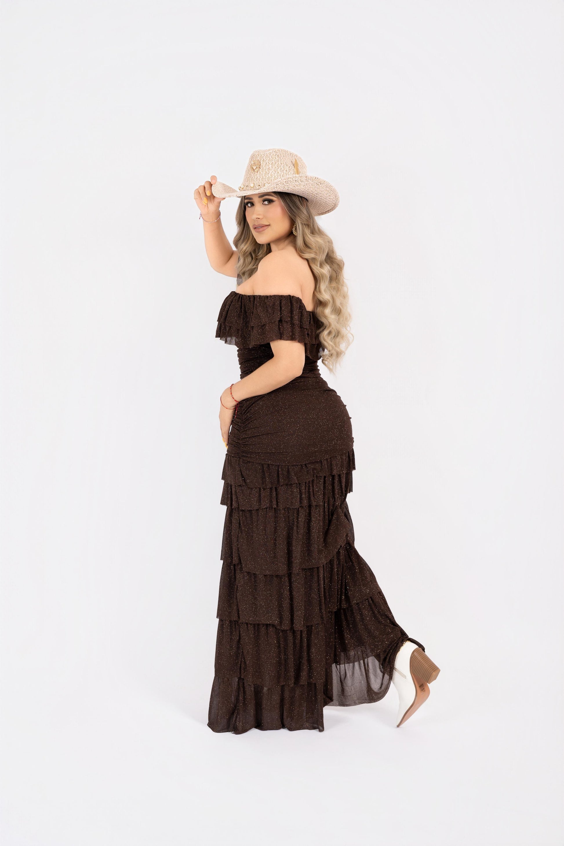 Vestido café glitter largo estilo campesina