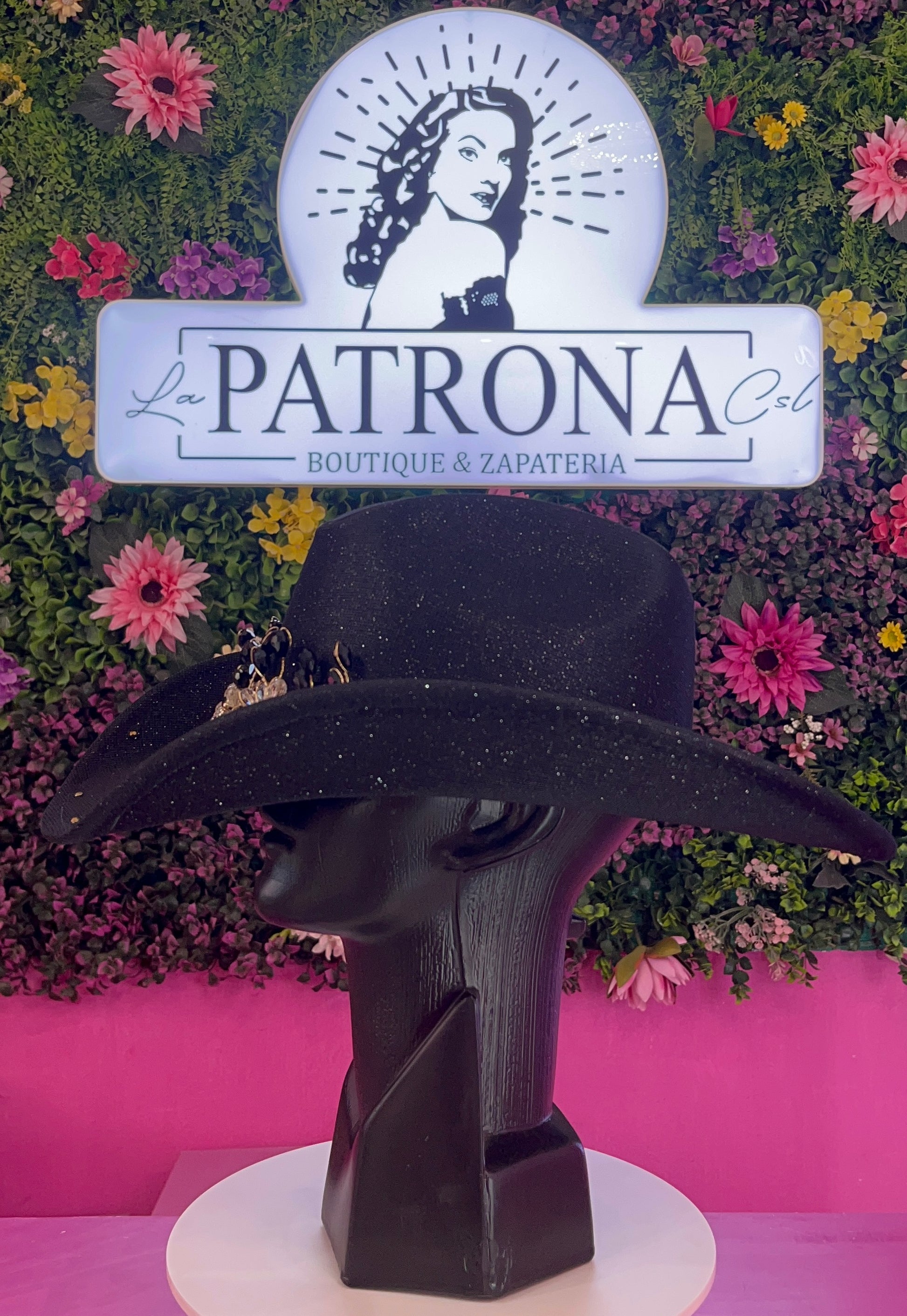 Sombrero negro glitter apliques flores