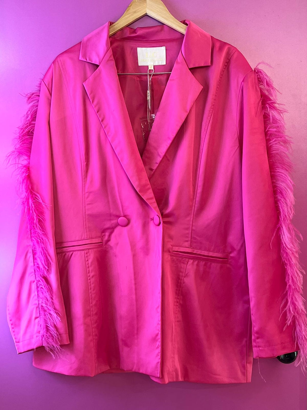 Blazer rosa barbie con plumas