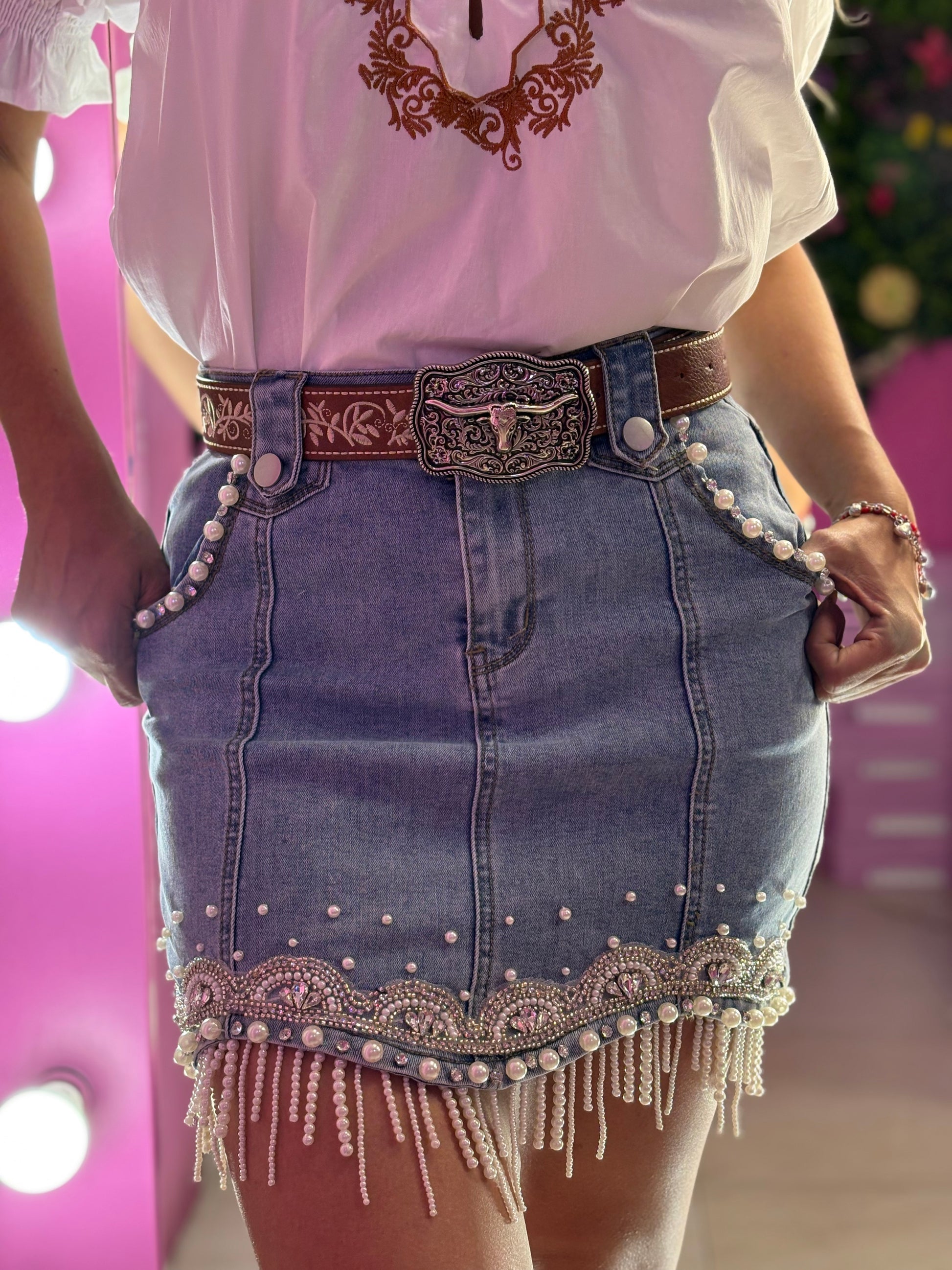 Falda mezclilla con apliques de Perlas