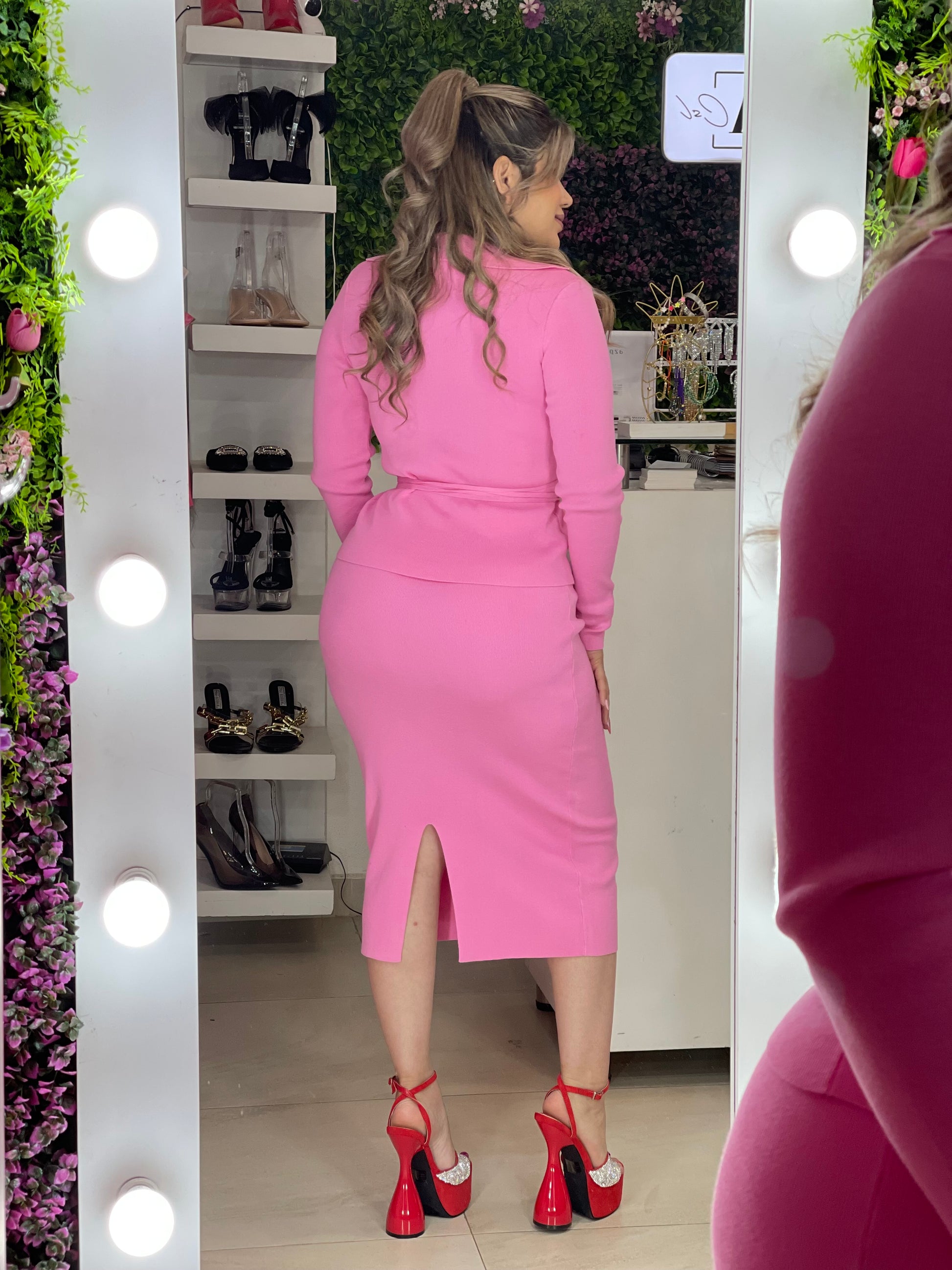 Set rosa de falda y top manga larga
