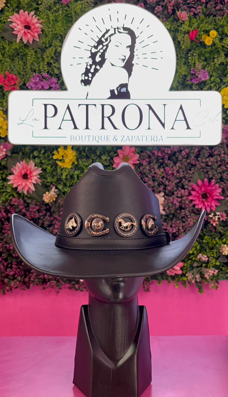 Sombrero vinipiel negro con herrajes