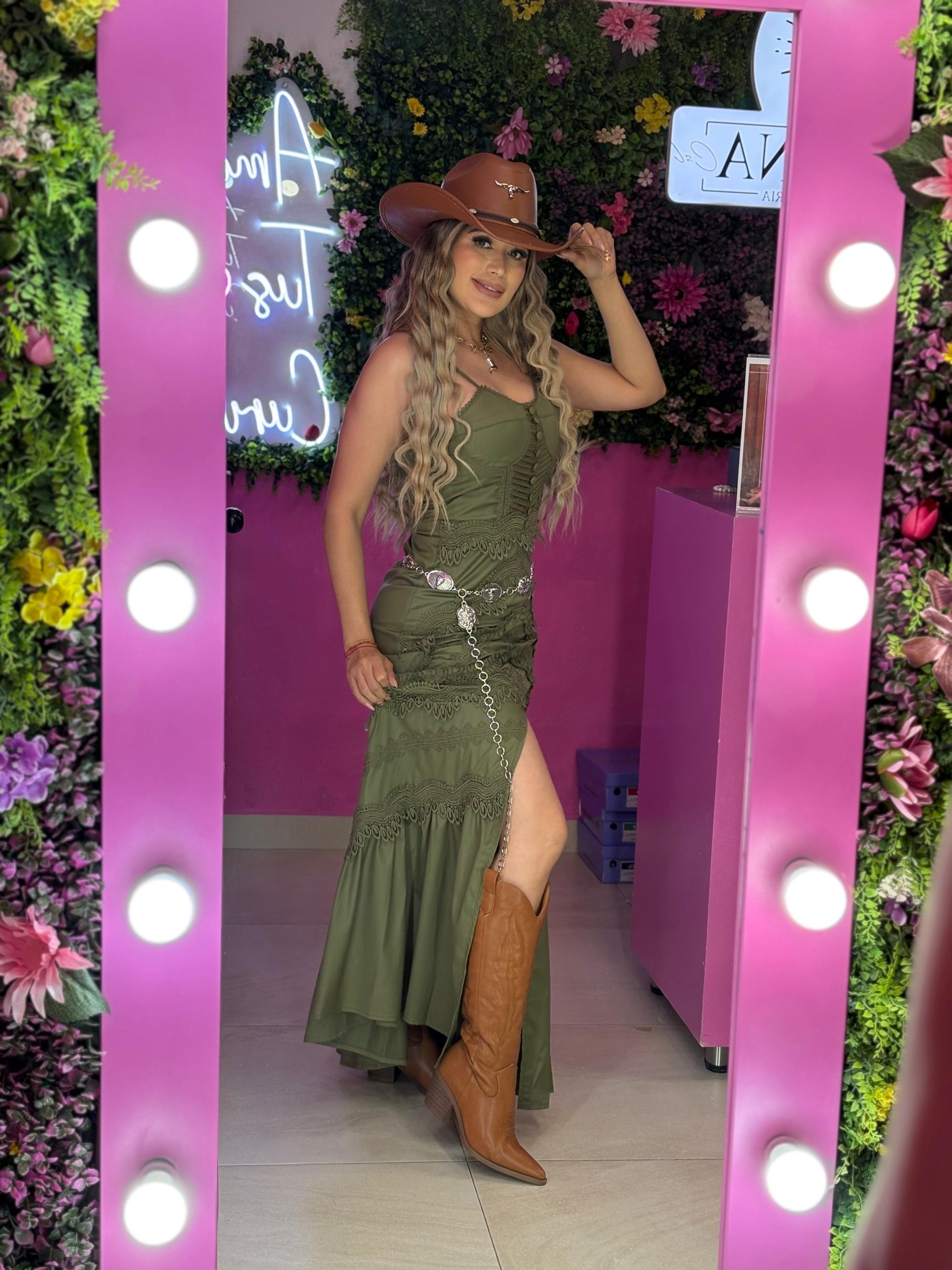 Vestido largo color oliva