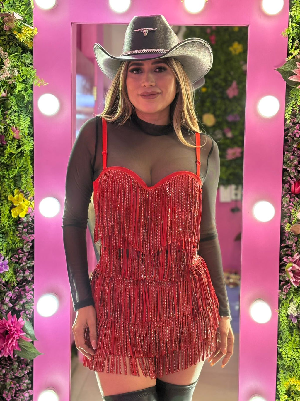 Top de barbas rojo con brillos