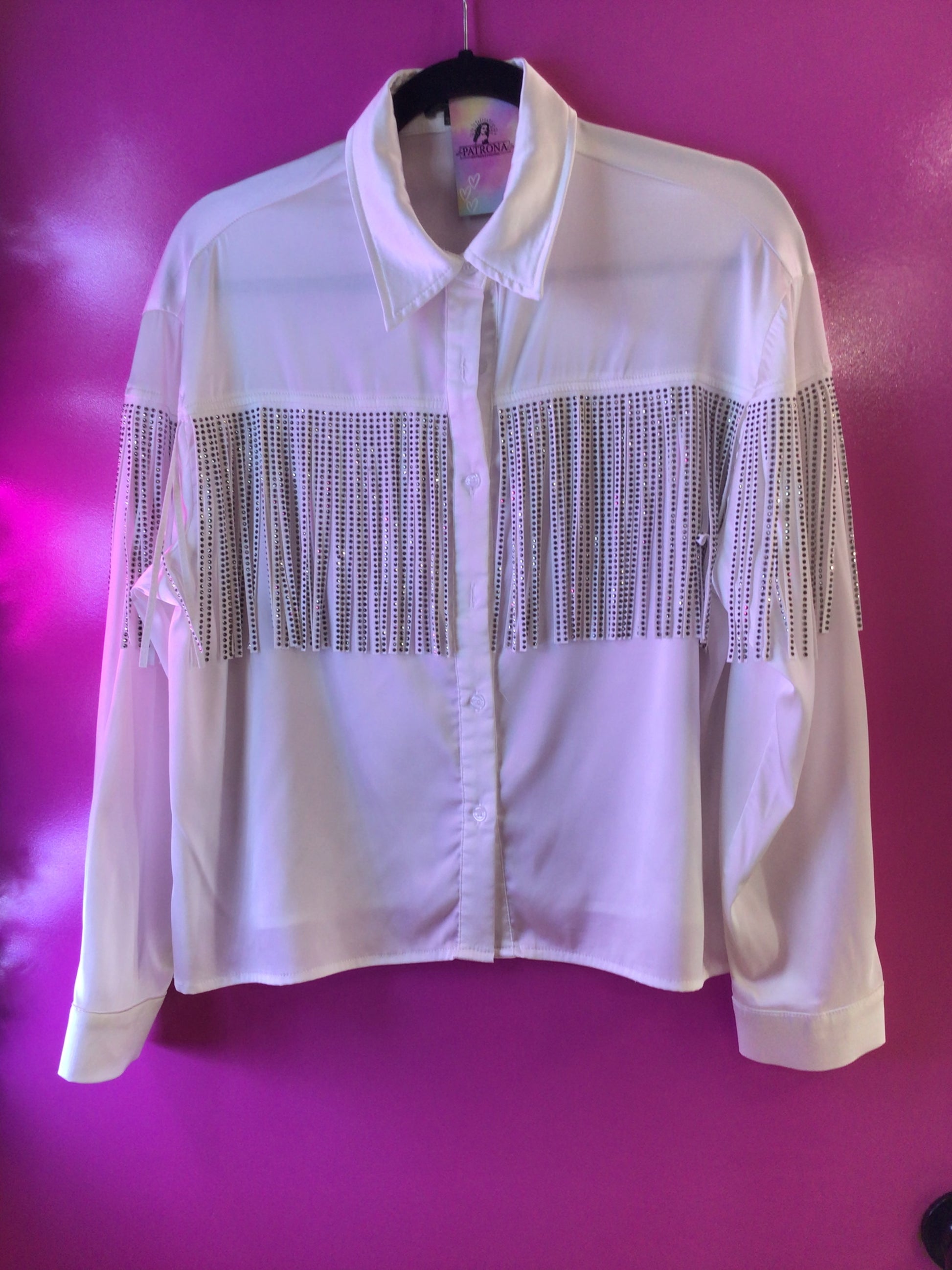 Camisa blanca barbas de brillos