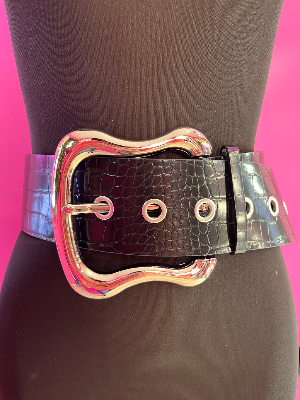 Cinto negro hebilla plata grueso