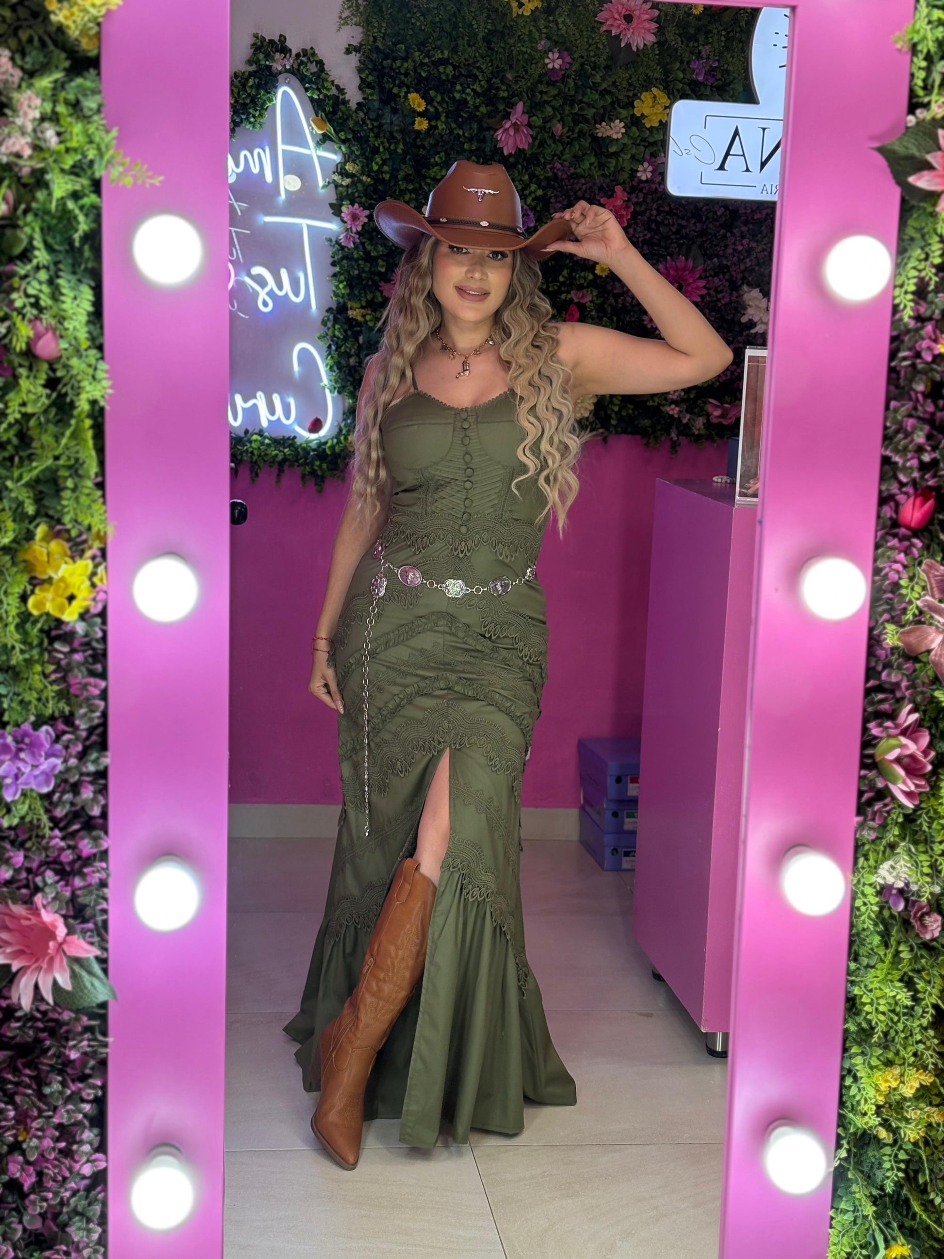 Vestido largo color oliva