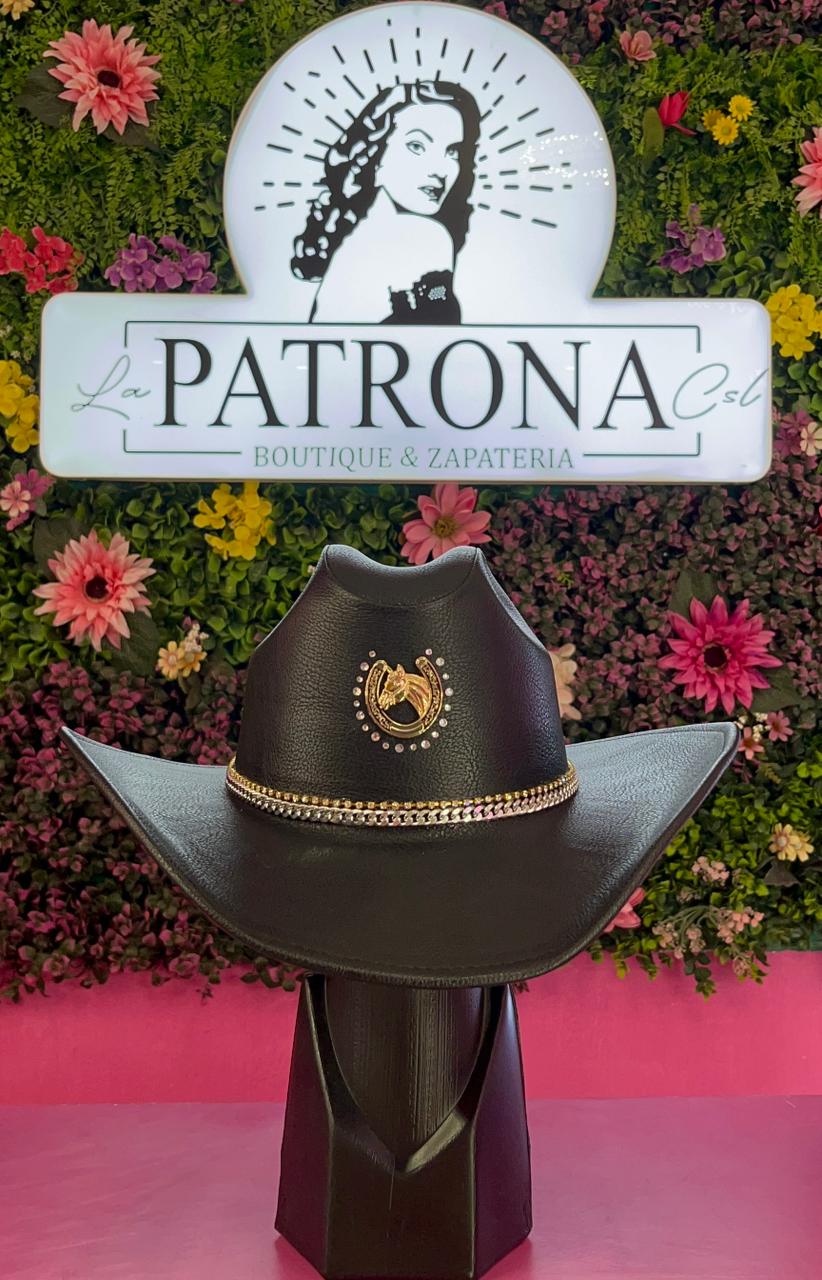 Sombrero vinipiel negro con herraje caballo y brillos dorados