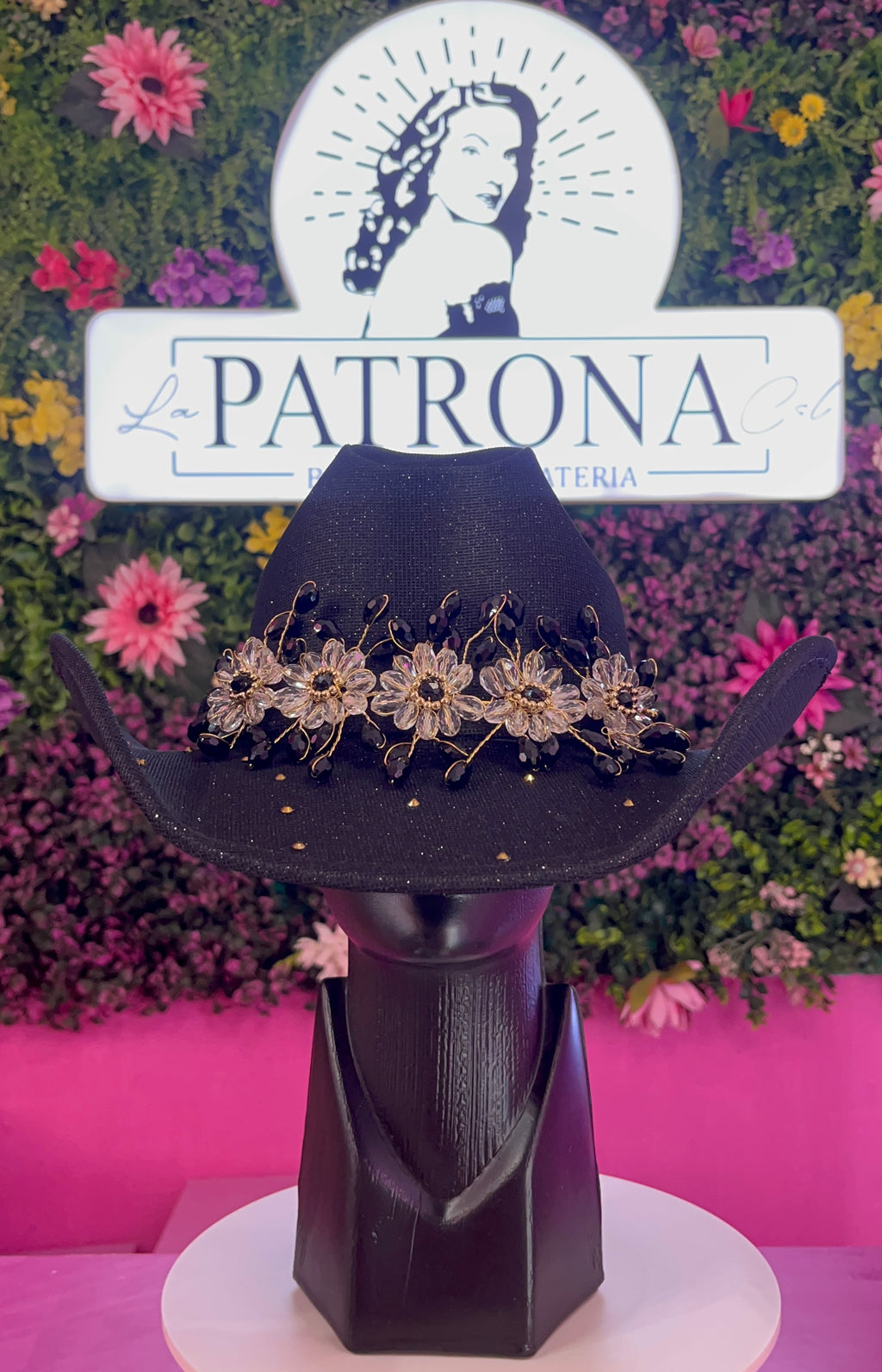 Sombrero negro glitter apliques flores